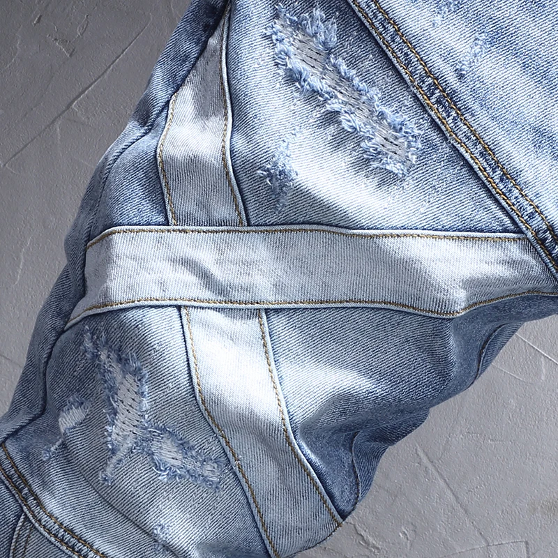 Street Fashion Men Jeans Retro Light Blue Elastic Stretch Slim Fit Ripped Jeans Men Spliced Designer Hip Hop Denim Pants Hombre
