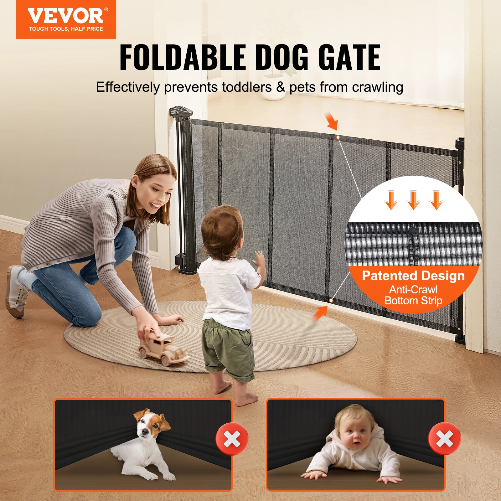 VEVOR Retractable Baby Gate Tall Mesh Baby Gate Extends up to Wide Retractable Gate for Kids or Pets Retractable Dog Gates