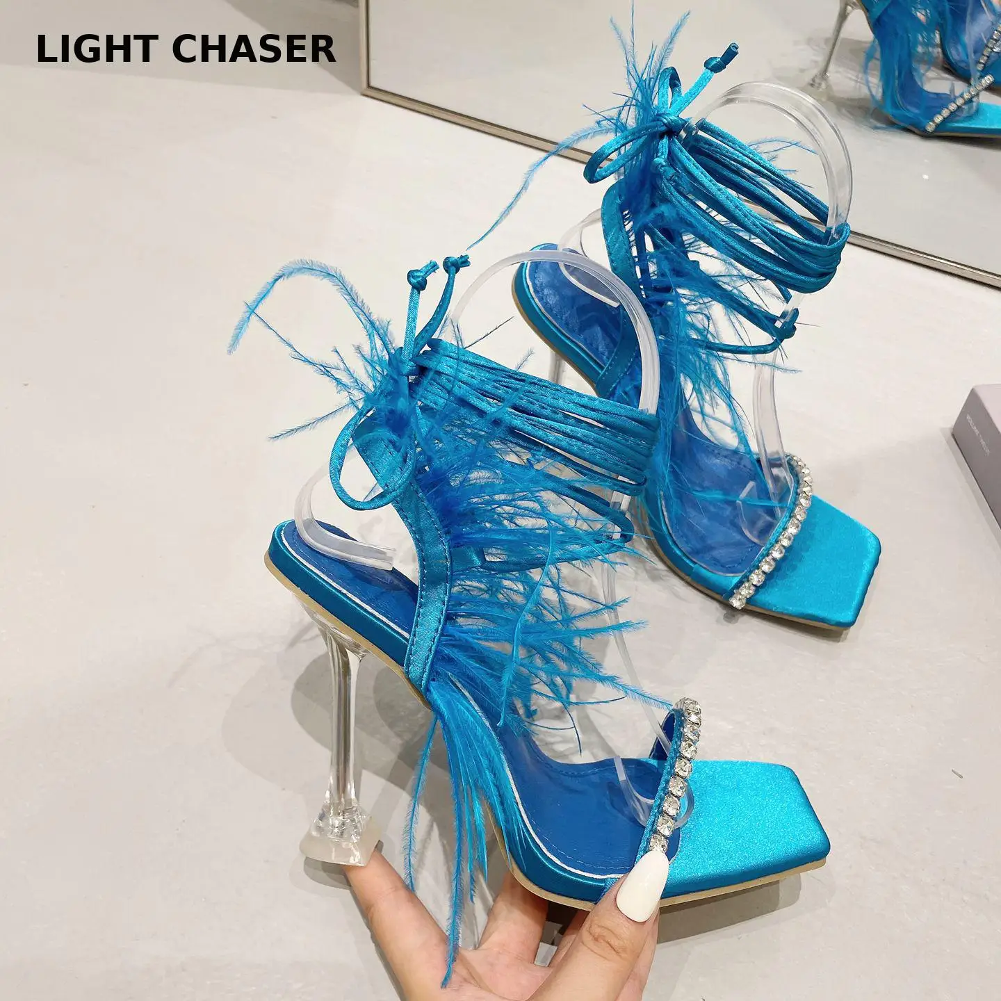 

Fashion Summer Fine Heel Rhinestone Feather Women Sandals Lace-up Cross-tied Sexy Gladiator Square Toe Ladies High Heel Shoes