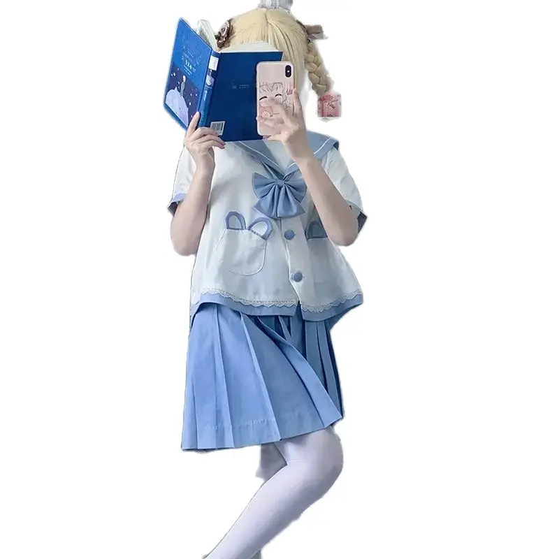 Japan High Quality Kawaii Jk Women Girl Sweet Cute Sailor Collar Bow Lace-Up Suit Set Student Girly Clothing Tops