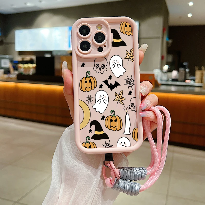Halloween Pumpkin Ghost Design Soft Lanyard Rope Silicone Phone Case