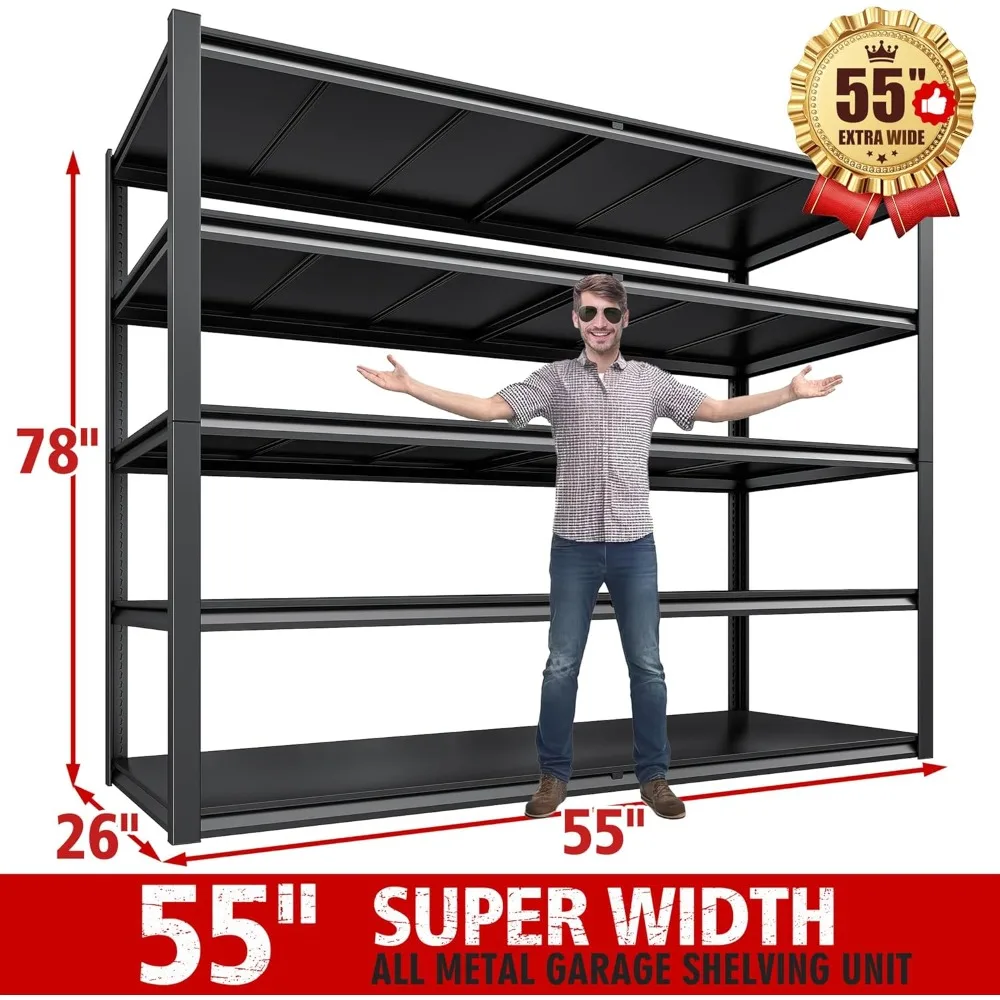 78" H Garage Shelving, 55" W Storage Shelves 3000LBS Heavy Duty Shelving 5 Tier Adjustable Metal Shelving Unit 2