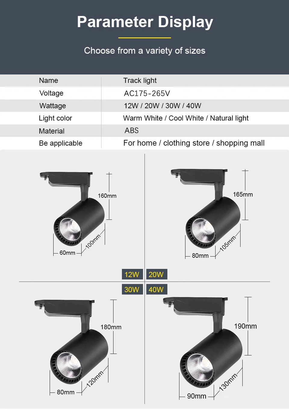 Description Picture 3 of itemLED Track Light Spotlight AC175-265V 12W 20W 30W 40W Warm White Cool White ABS Material COB Chip Indoor Outdoor For Home Modern
