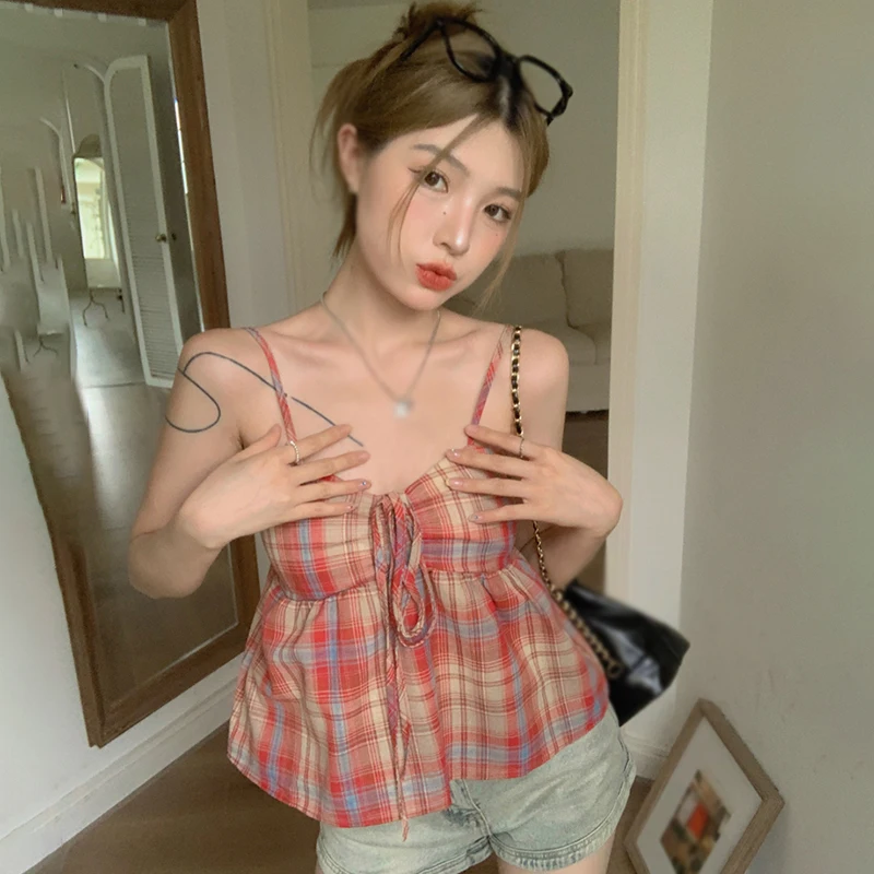 여성용 체크 무늬 홀터 레이스 업 크롭탑, 다용도 민소매 탱크탑, 한국 버전, 달콤한 패션, 여름