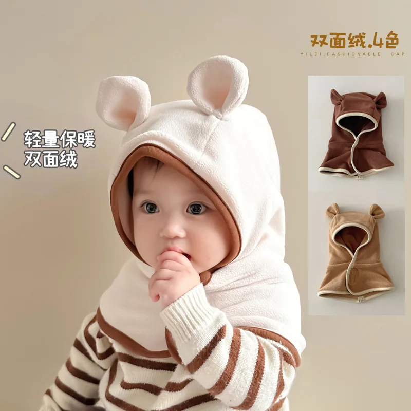 Baby Warm One Piece Hat Winter Boys and Girls Cute Little Bear Double Sided Plush Cap Casual Children's Windproof Shawl Hats