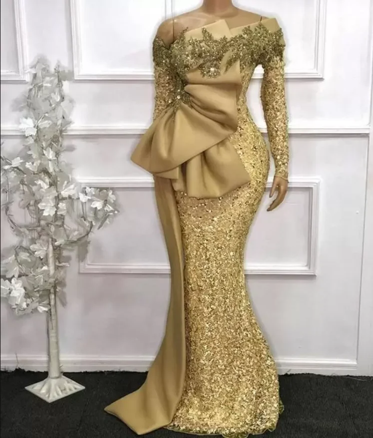 Arabic Mermaid Evening Dresses Wear Gold Sequined Lace Custom Made Sexy Off Shoulder Prom Long Sleeve Robe De Marrige long sleeve prom & dance dresses