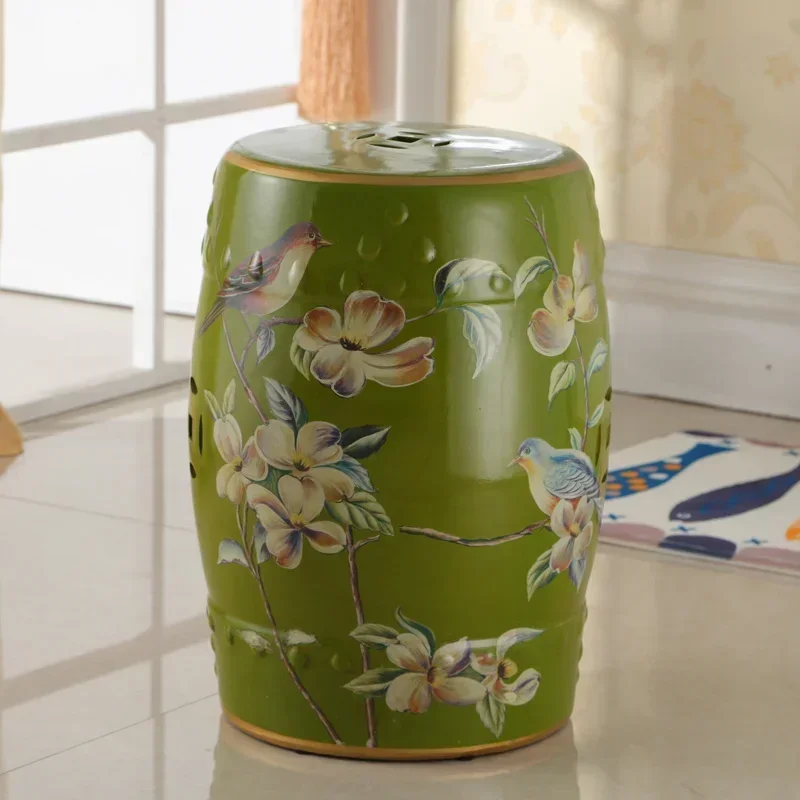 Ceramic Side Table Durable Drum Stool Hand painted Floral and Bird Coffee Table Classic Vanity Seat Suitable for Dining Room