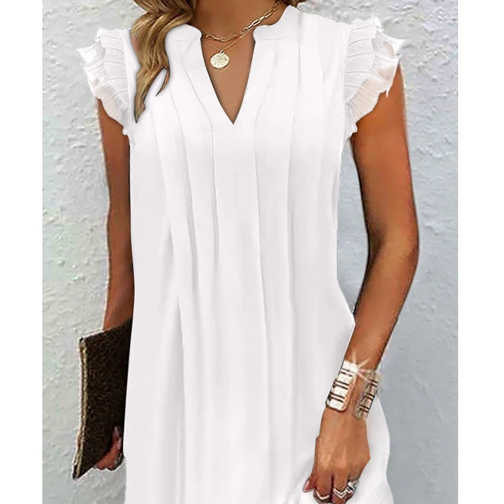 

Wepbel Solid Color Black Mini Dress V-neck Pleat Flying Sleeve Casual Dress Women Summer Sleeveless Fashion Streetwear Dress