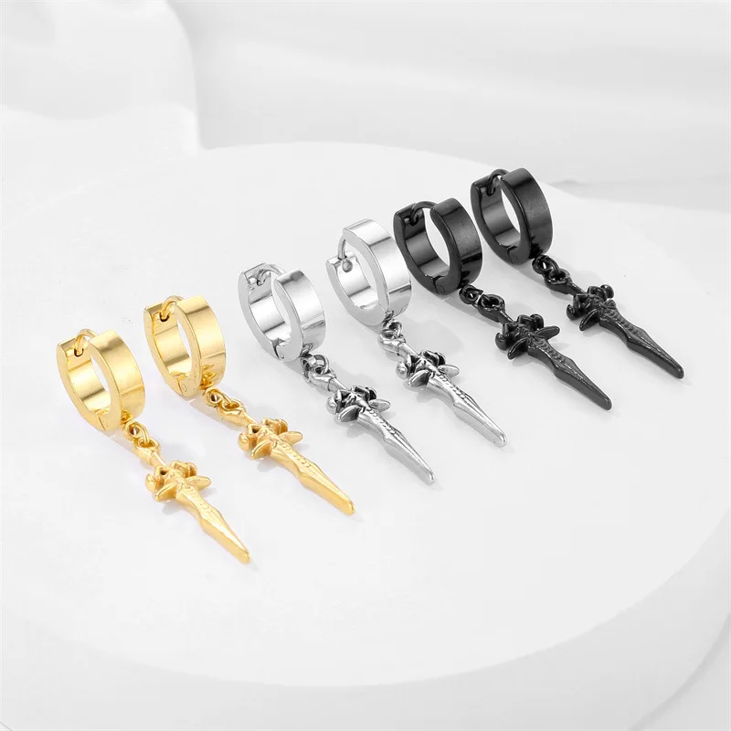 Paar Gothic Schwert Tropfen Ohrringe Schwarz Punk Ohr Hoops mit Lange Baumeln Grunge Hip Hop Edelstahl Ringe Ohr Piercings Schmuck – Detail 1