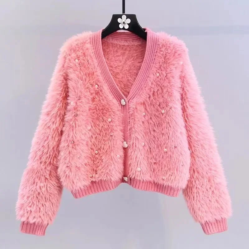 

Elegant Imitation Mink Knitted Cropped Top Female Korean Spring Fall Chic Soft Cardigan Slim Casual Knitewear Bow Sweater Coat
