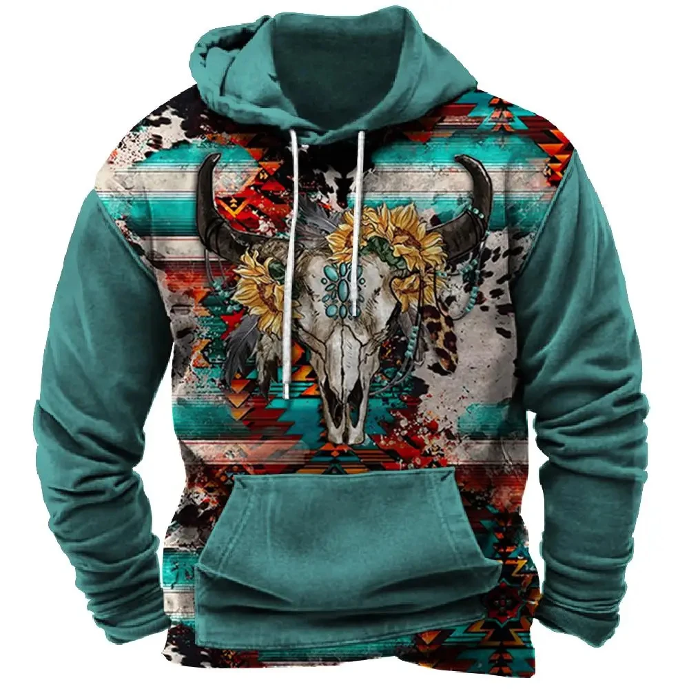 

North America Demon Wendigo Print Men's Hoodie Western Cowboy Hooded Sweatshirt Oversized Harajuku Clothes Vintage Streetwear
