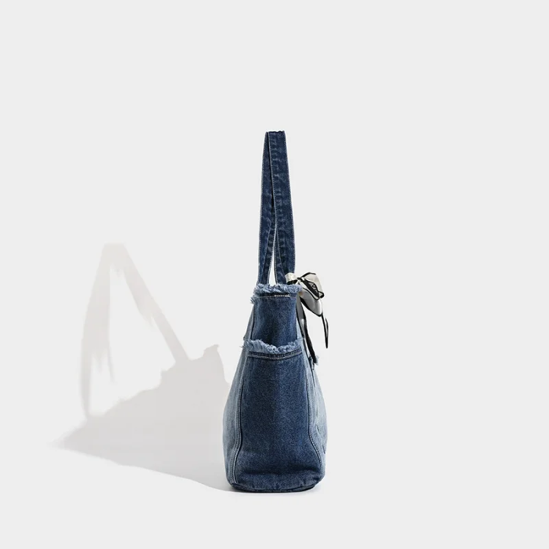 Large Capacity Washable Denim Tote Bag for College Students Class Simple Versatile Lazy Style Crossbody Bag