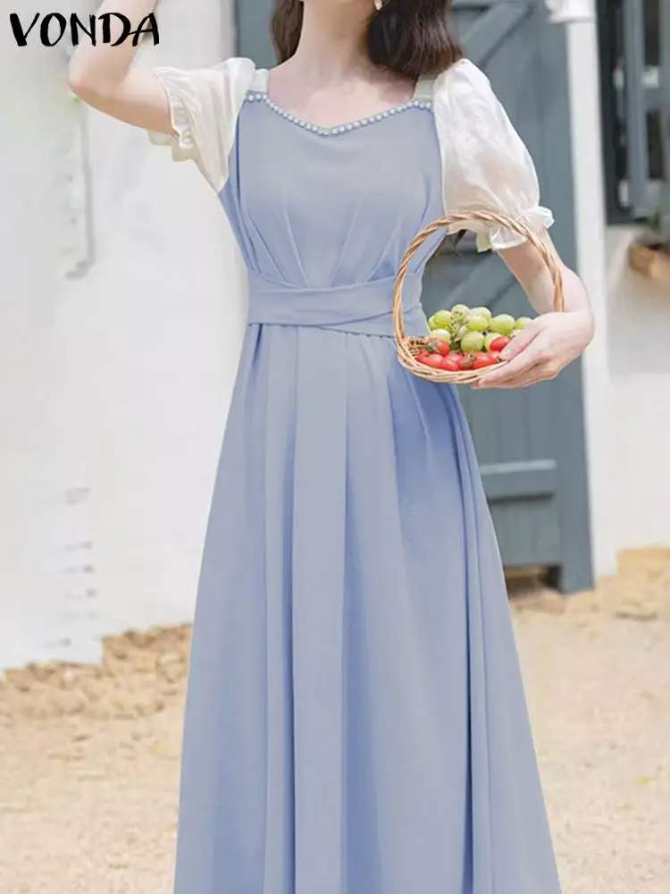 

VONDA Elegant Summer Party Dress Women Sexy Square Neck Pearl Patchwork Midi Sundress Loose Short Sleeve Lace Pleated Vestidos