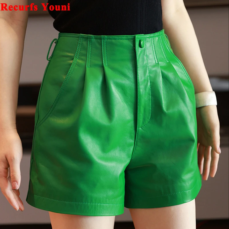 

Green Leather Shorts For Women 2024 Branded New Pleated Waist Genuine Sheepskin Casual Versatile Loose Leg Pocket Booty Pants