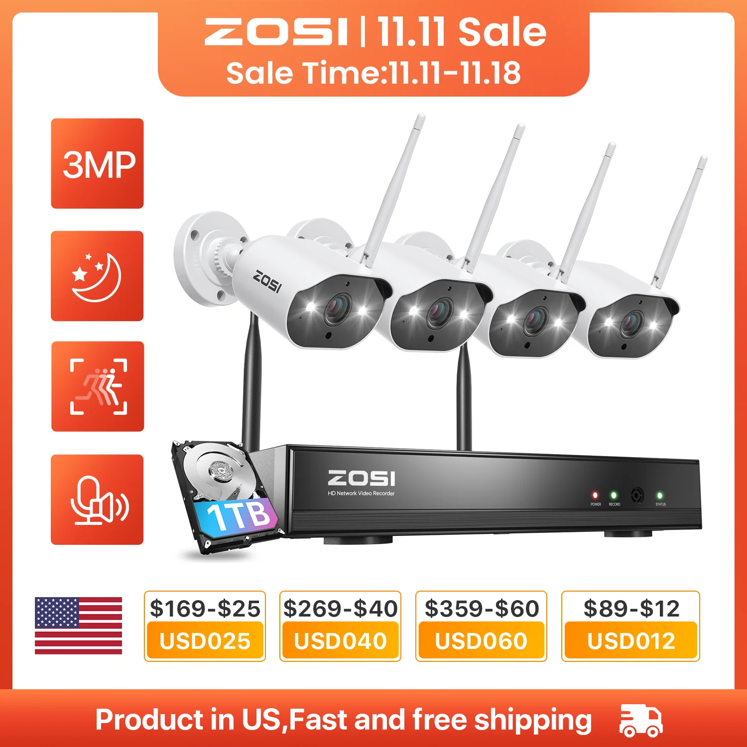 ZOSI 3MP Wireless Security Cameras System with 8channel H.265 2K CCTV NVR & 3MP HD Outdoor IP Camera WiFi Video Surveillance Kit security camera smart outdoor camera