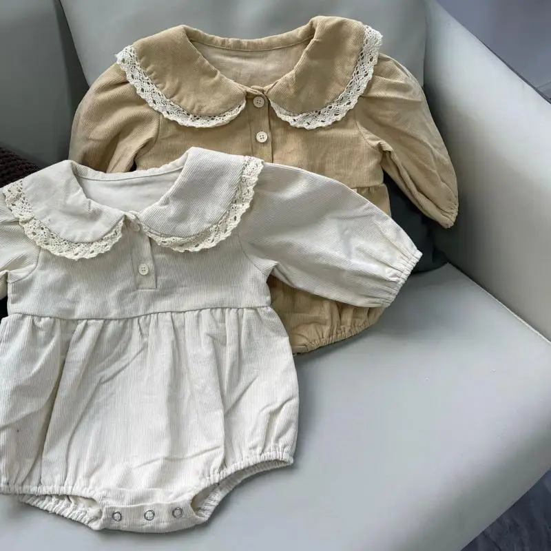 

2024 Spring New Baby Girl Cute Peter Pan Collar Long Sleeve Bodysuit Newborn Solid Casual Jumpsuit Corduroy Infant Clothes 0-24M