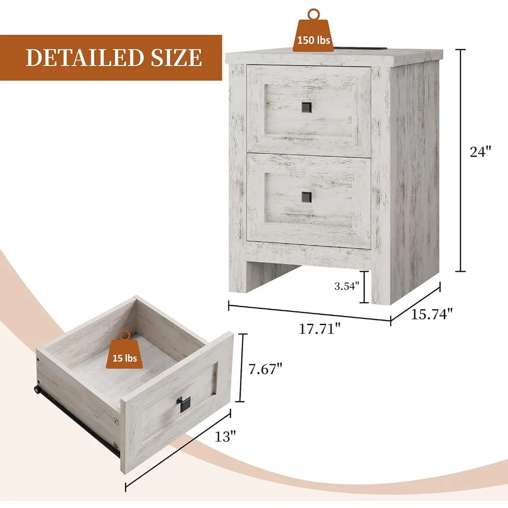 Large Nightstand Set of 2 with Charging Station, Bedside Table with USB Ports and Outlets, Farmhouse Wood End Table