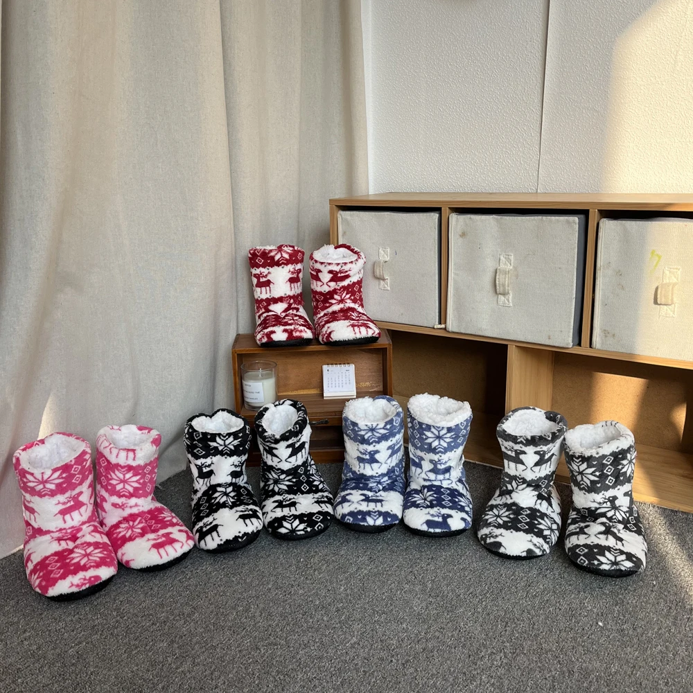 

Womans Slippers Winter Warm Christmas Elk Fur Contton Plush Insole Anti Skid Grip Indoor Floor Shoes House Casual Female Boots