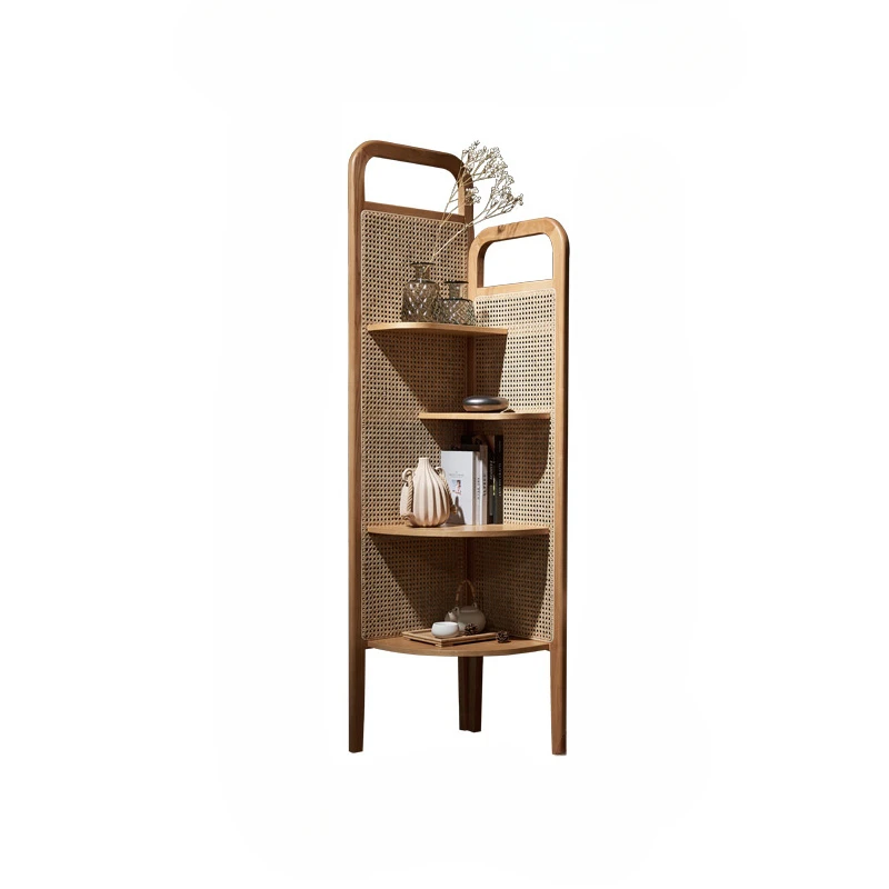 

Customized rattan corner cabinet storage rack, floor standing bookshelf, movable storage triangle wall corner cabinet