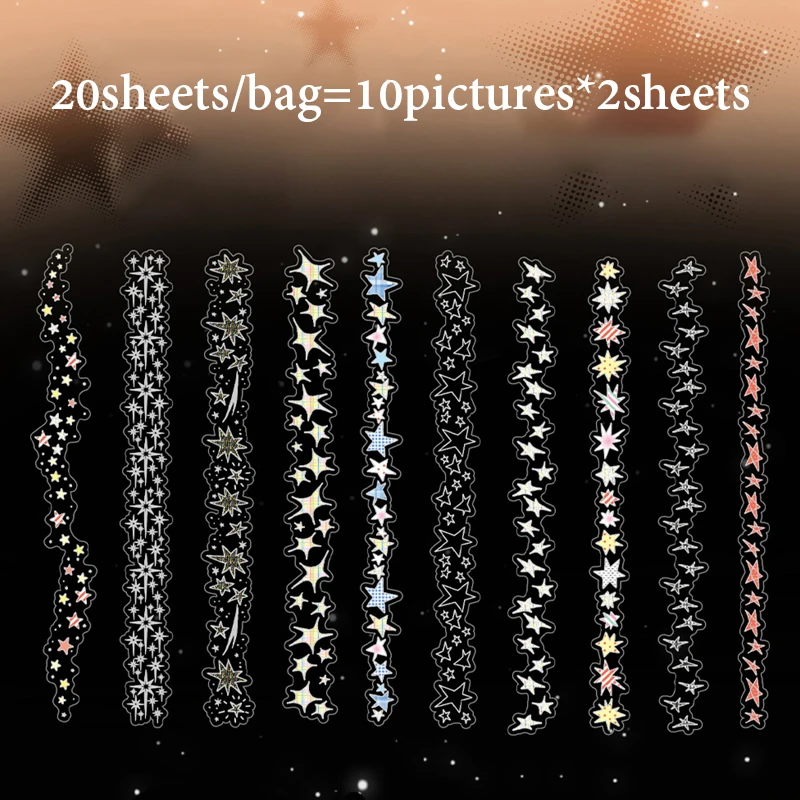 Mr.Paper 20Pcs/Pack 스타라이트 시리즈 레이저 실버 PET 롱 스트립 스티커 저널 DIY 스크랩북 앨범용 홀로그램 스타 장식