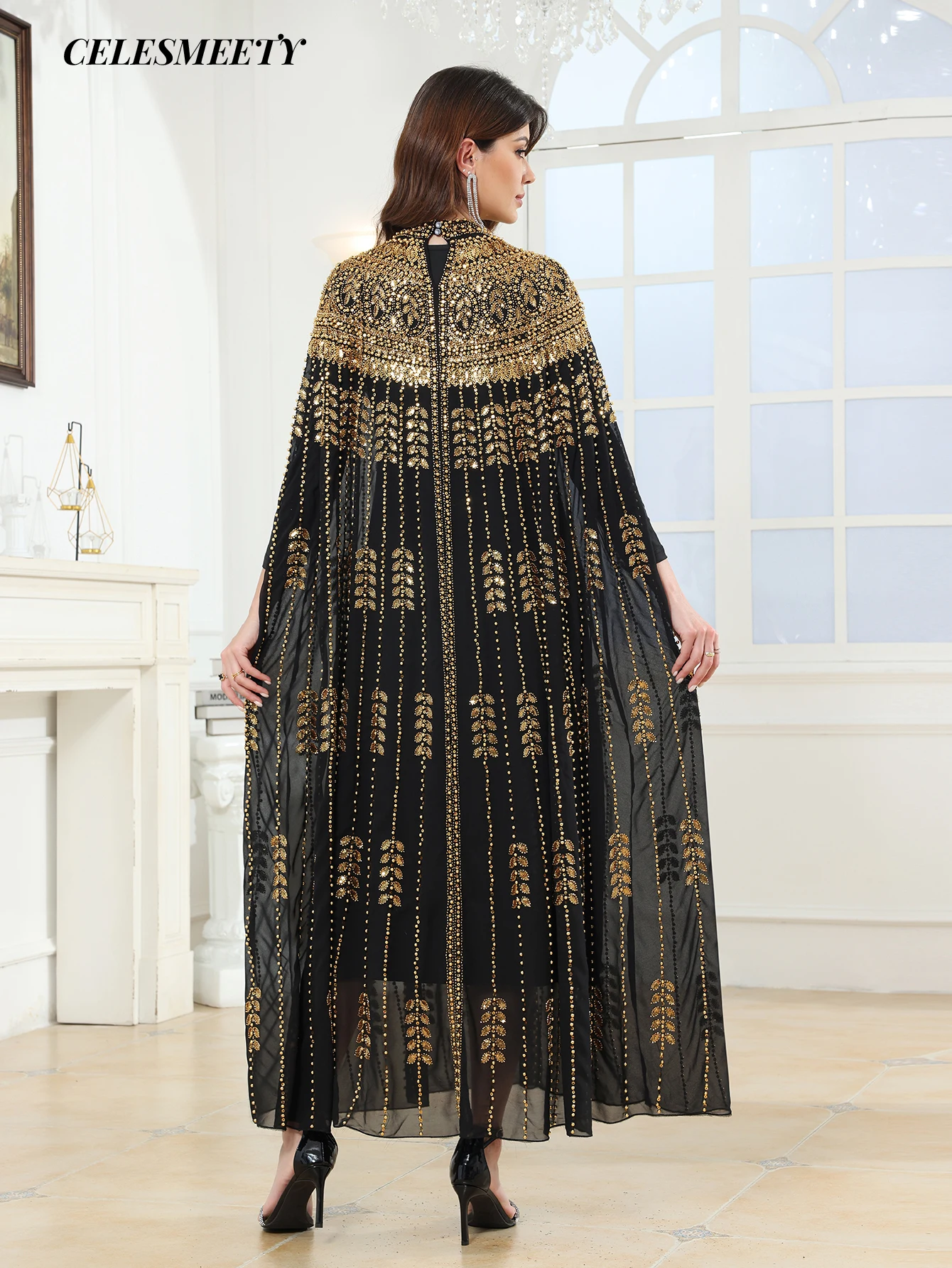 Luxury Women's Royal Black Gold V-Neck Sequin Embroidered Arabian Abaya Cloak Sleeve Dress, Suitable For Parties, Weddings, Fami 6