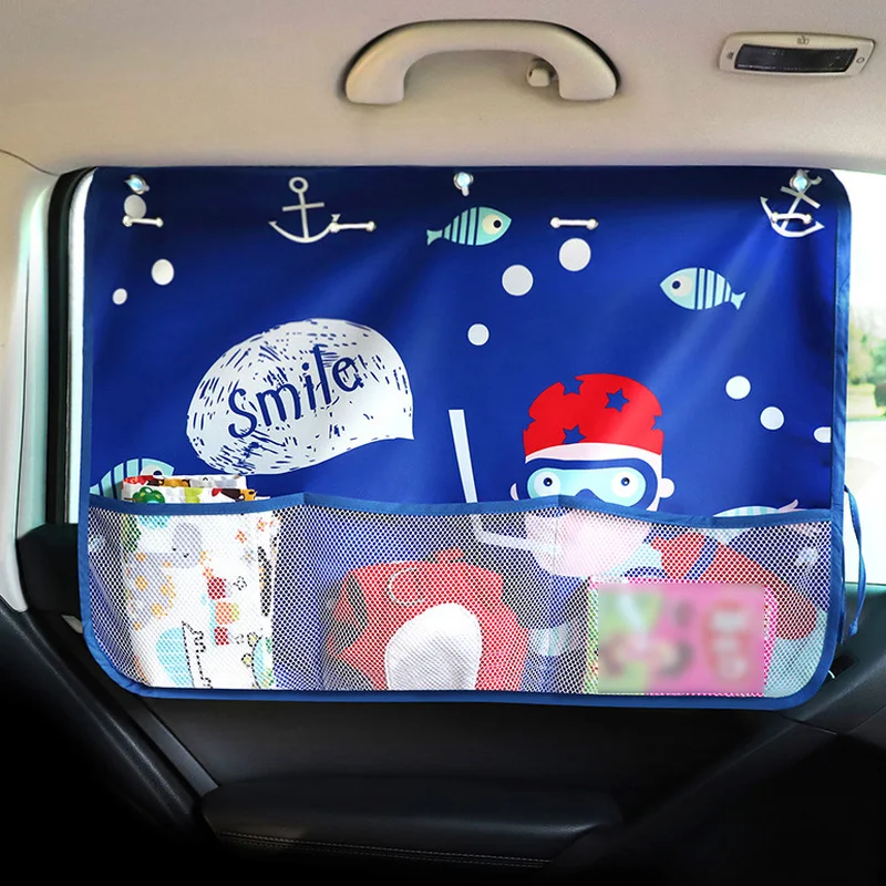 

Cartoon Car Sunshade for Child Adjustable Curtain with Storage Mesh Bag Baby Children Cute Travel UV Protection Sun Shade