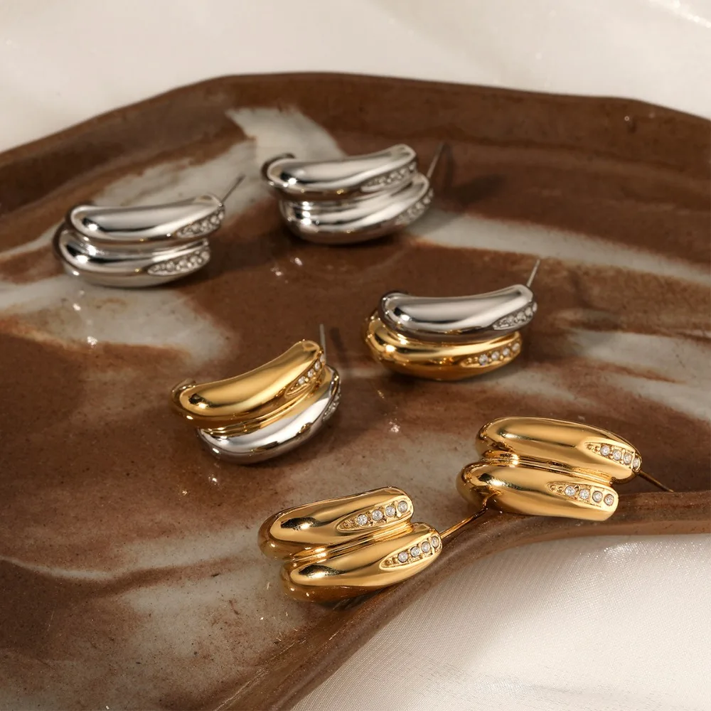 Vintage Two-tone Double C-shape Stud Earrings Polished 18K Gold Plated Mini Zircon Ear Hoops Simple Versatile Jewelry Wholesale