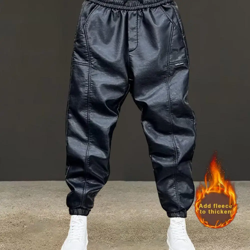 Waterproof Pants Faux Leather Trousers Windproof Men's Pants with Elastic Waist Ankle-banded For Cycling