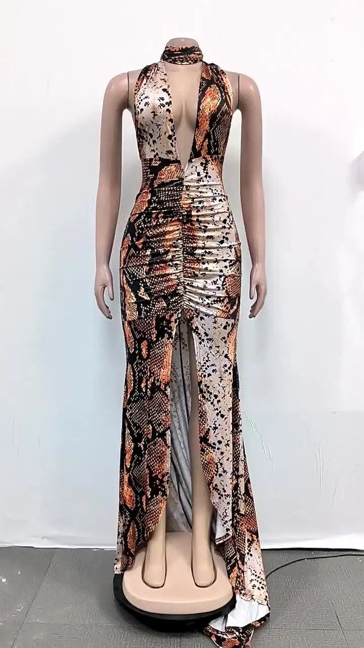 2025 пикантное женское колье с лямкой на шее и змеиным принтом длинное платье макси