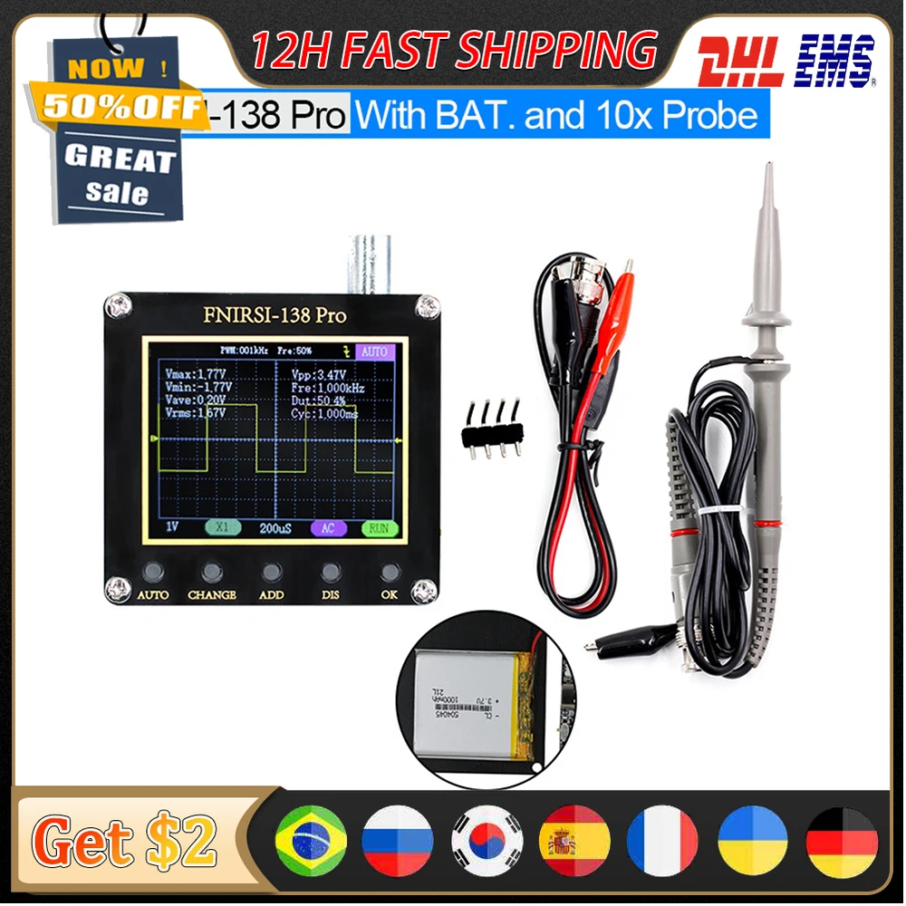 FNIRSI 138 PRO Handheld Oscilloscope Digital 2.5MSa/s 200KHz Analog Bandwidth Support AUTO 80Khz PWM Digitals Osciloscopio