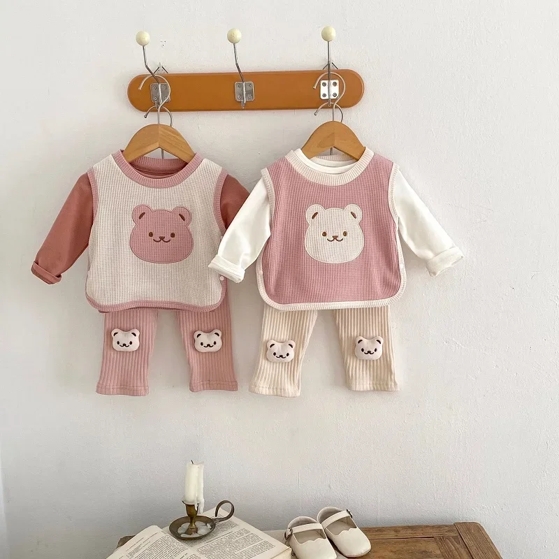 

Lovely Newborn Baby Girl Clothes 0-3Years Kids Long Sleeve Solid Cotton T-shirt Cartoon Bear Waistcoat Doll Pant Autumn Outwear