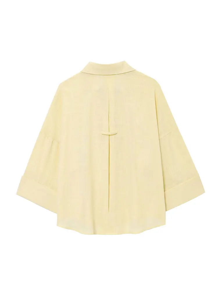 HH Women Fashion Yellow Blouse V Neck Button Drop Sleeves Shirt Summer Female Loose Casual Office Lady Shirts Chic Tops