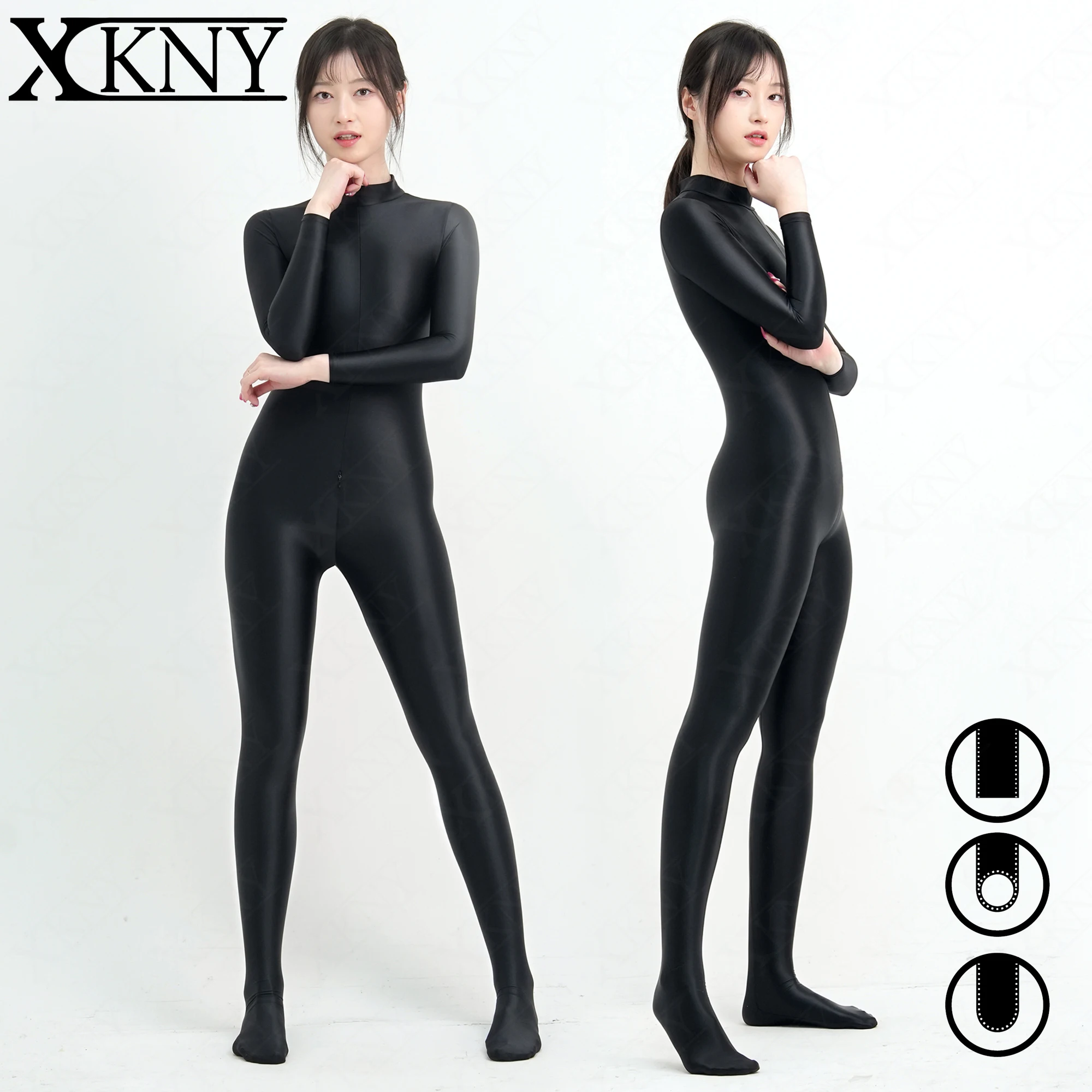 Xckny Satin Glossy One Piece Body Sexy Oil Collo Alto Manica Lunga Pantaloni Attillati Per Tutto Il Corpo Body In Seta Con Cerniera A Doppia Estremità