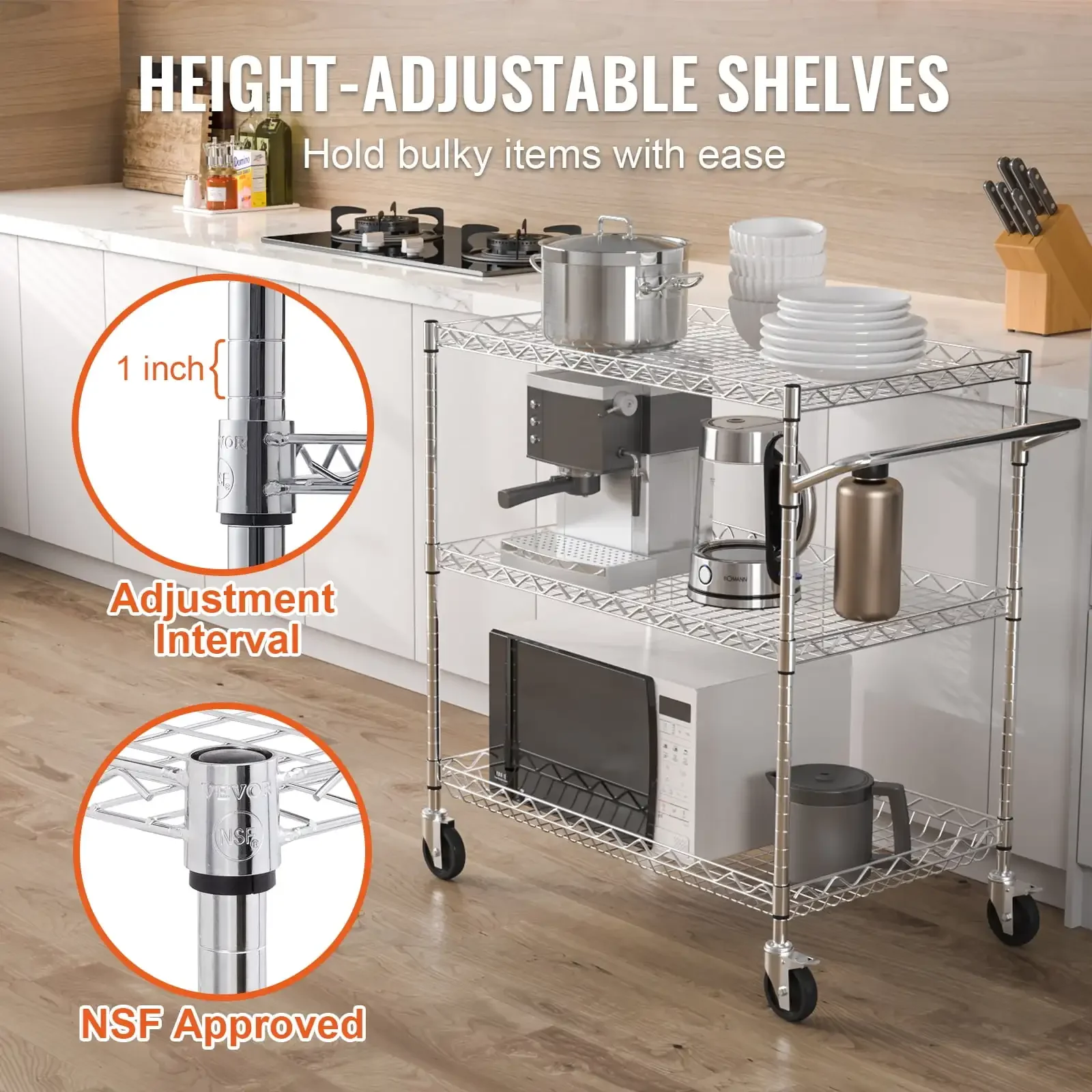 3-Tier Utility Cart Rolling Cart on Wheels 30"x18"x32.4" 661 lbs 6 Hooks 4