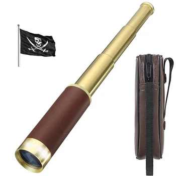 Retro Pirate Telescope Zoomable 25x30 Pocket Monocular Collapsible Captain Jack's Spyglass Handheld Vintage Telescope for Kids