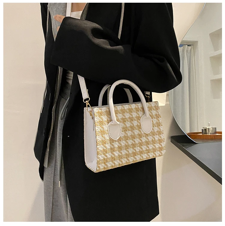 Damen Umhängetasche Mit Karomuster Und Kette Aus Kunstleder_voghion.com