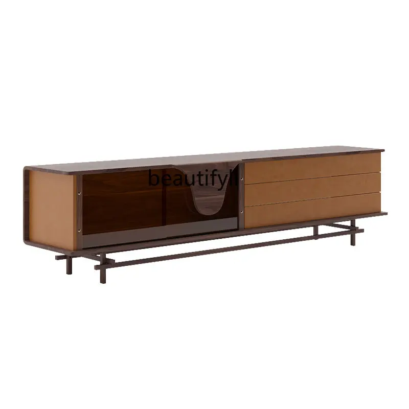 

Black Walnut TV Cabinet and Tea Table Combination Design Solid Wood Creative Simple Modern Floor Cabinet Light Luxury