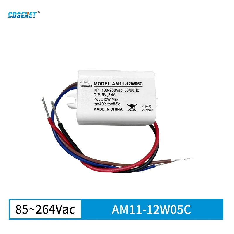 CDSENET  AC-DC Step Down Power Supply Module AM11-12W05C Power 12W AC 80-250V DC 5.0V/2A/5% White plastic package + wire
