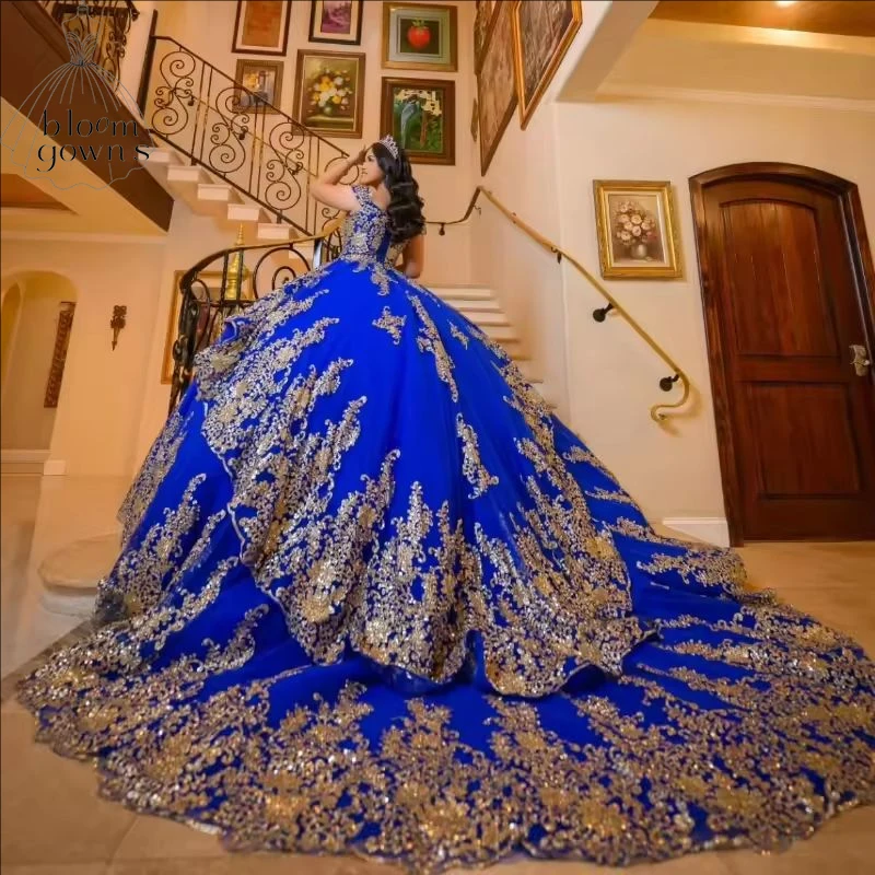 Ball Gown Off The Shoulder Sequin Gold Applique Lace Beading Tull Party  Birthday Sweet 16 Royal Blue Shiny Quinceanera Dresses - AliExpress 320