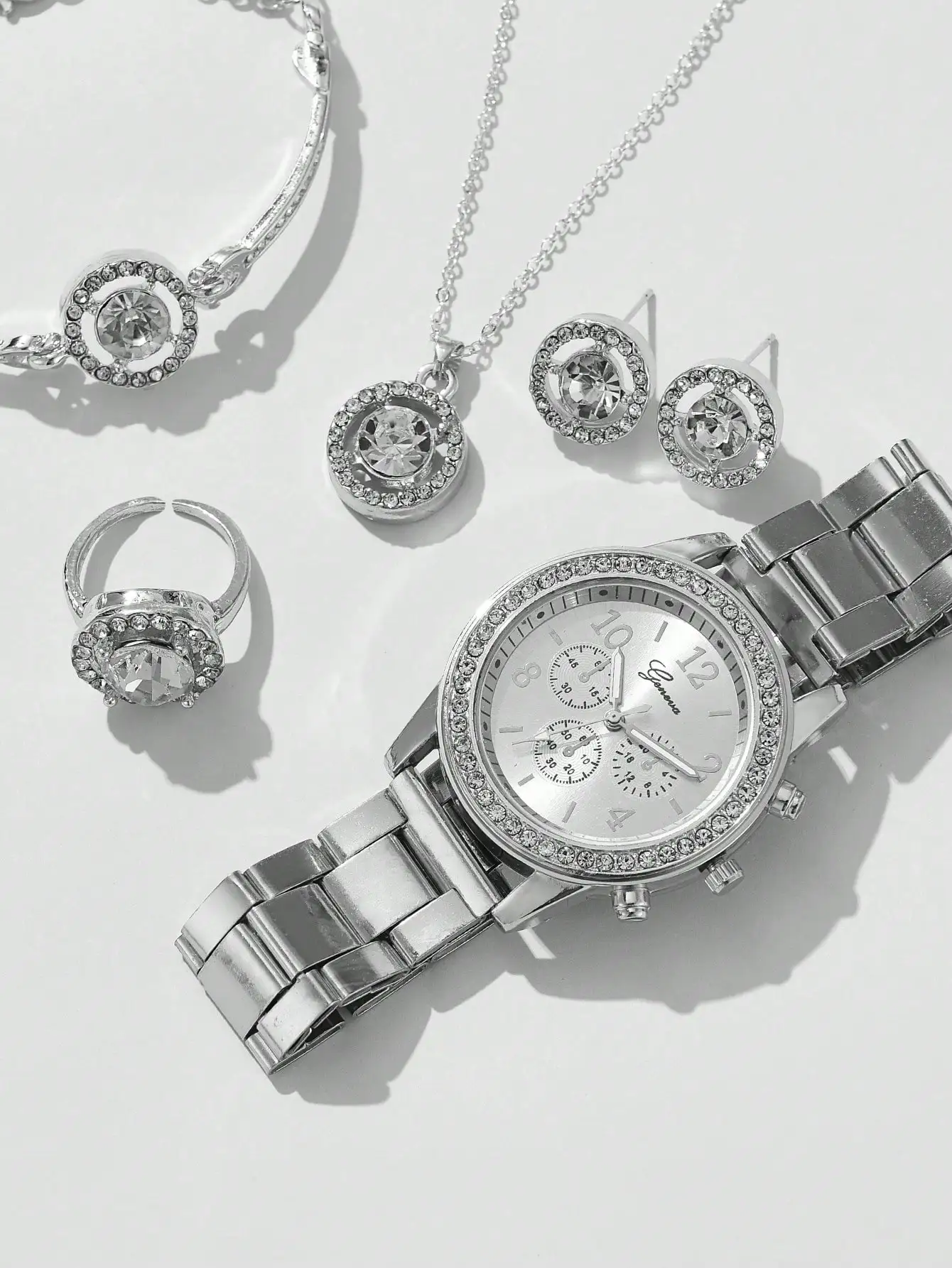 5 PCS Set Silver Luxury Watch Women Ring Necklace Earrings Rhinestone Fashion Wristwatch Female Casual Watches Bracelet Set 4