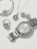 5 PCS Set Silver Luxury Watch Women Ring Necklace Earrings Rhinestone Fashion Wristwatch Female Casual Watches Bracelet Set 4