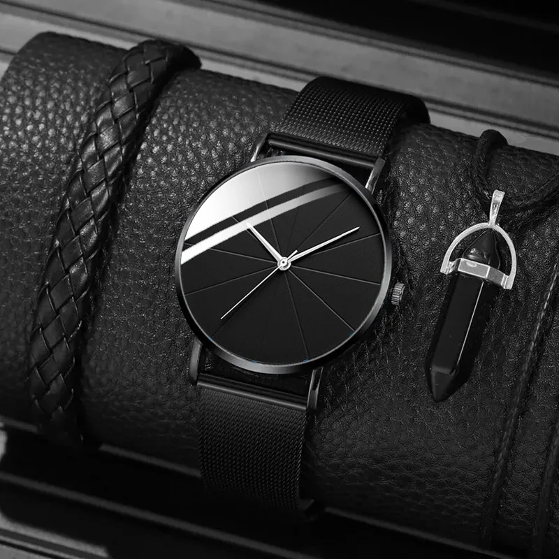 

3PCS Set Fashion Mens Ultra Thin Simple Watches Men Business Casual Hand Rope Necklace Stainless Steel Mesh Belt Quartz Watch