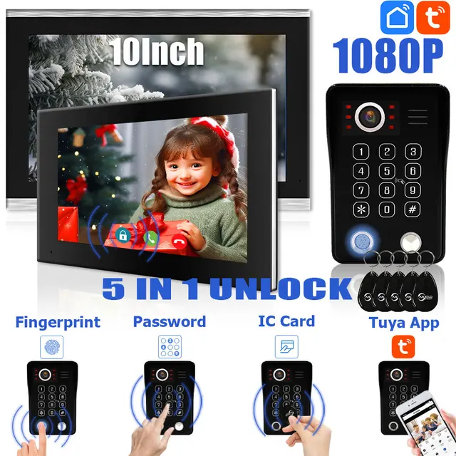 1080P Tuya Wifi Intercom Fingerprint 5 in 1 Unlock Doorbell Video Intercom for Home Touch Screen Video Doorphone Security 1
