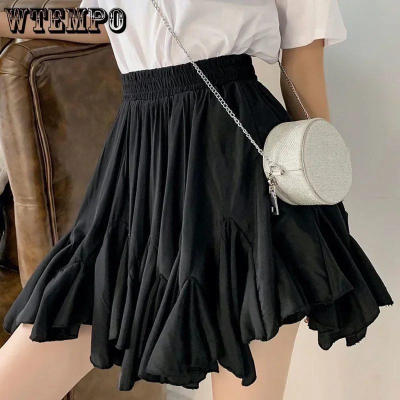 Ruffled Edge Skirt Elastic Waist Thin Women A-line Pleated Puffy Preppy Style Solid Color Simple Casual Korean Fashion Summer