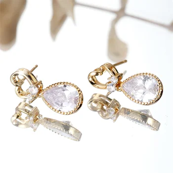 Water Drop Stone White Zircon Pendant Heart Stud Earrings For Women Vintage Gold Color Wedding Earring Valentine Jewelry Gifts