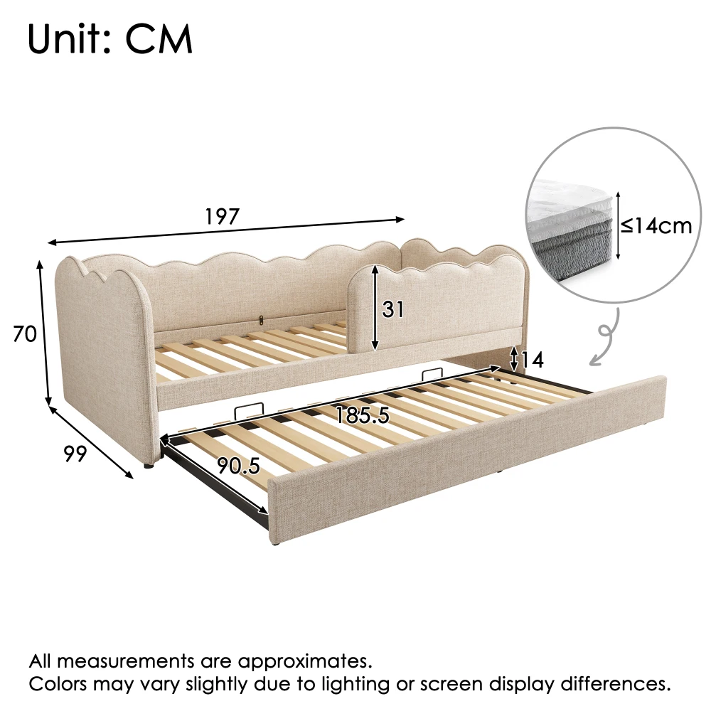 Gepolstertes Tagesbett 90x190cm, Tagesbett Schlafsofa mit ausziehbarem Bett 90x190cm, Kinderbett mit Gitter ohne Matratze – Detail 20