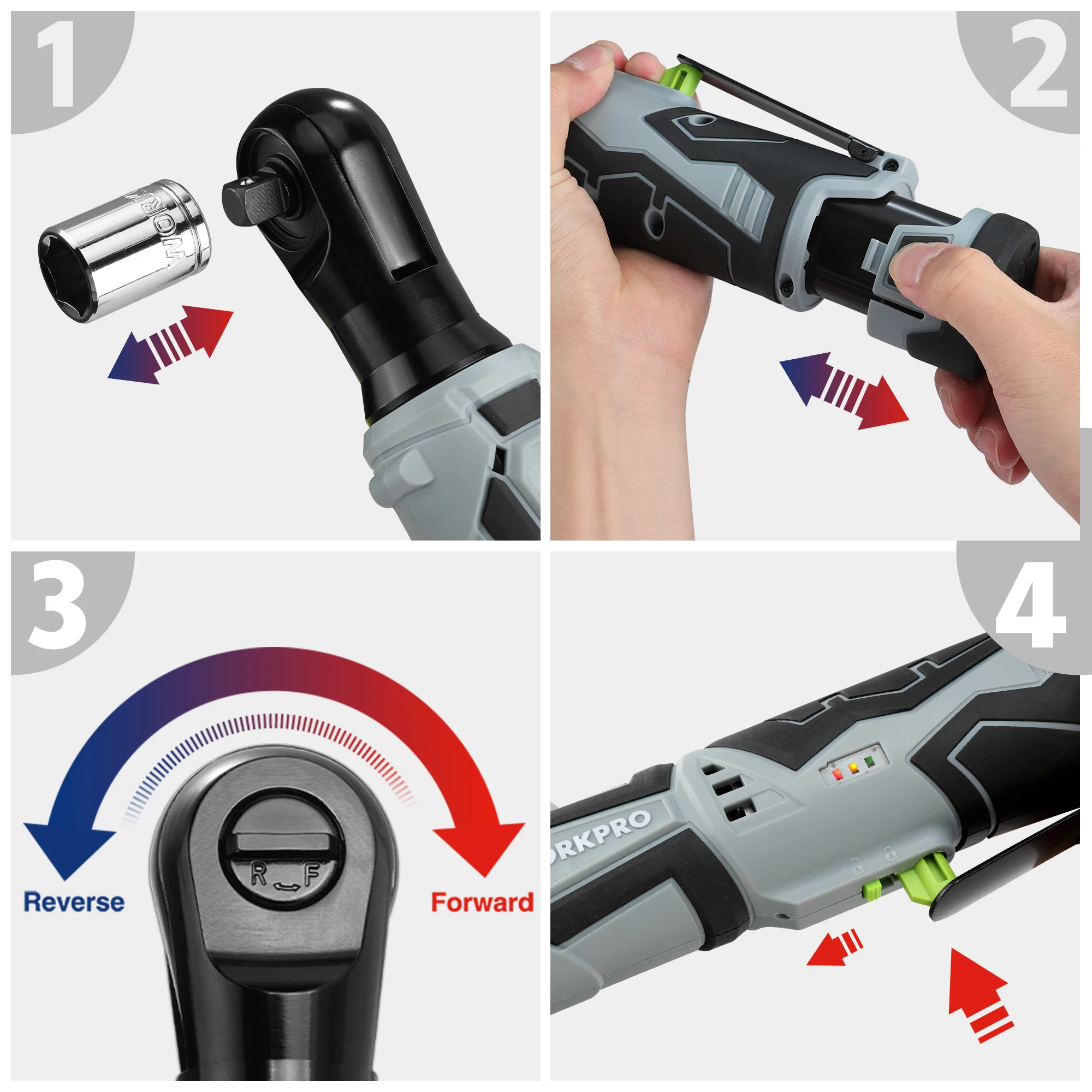 WORKPRO 무선 전기 렌치, 12V 3/8 래칫 렌치 세트, 앵글 드릴 스크루 드라이버, 나사 너트 제거, 자동차 수리 도구, 45NM