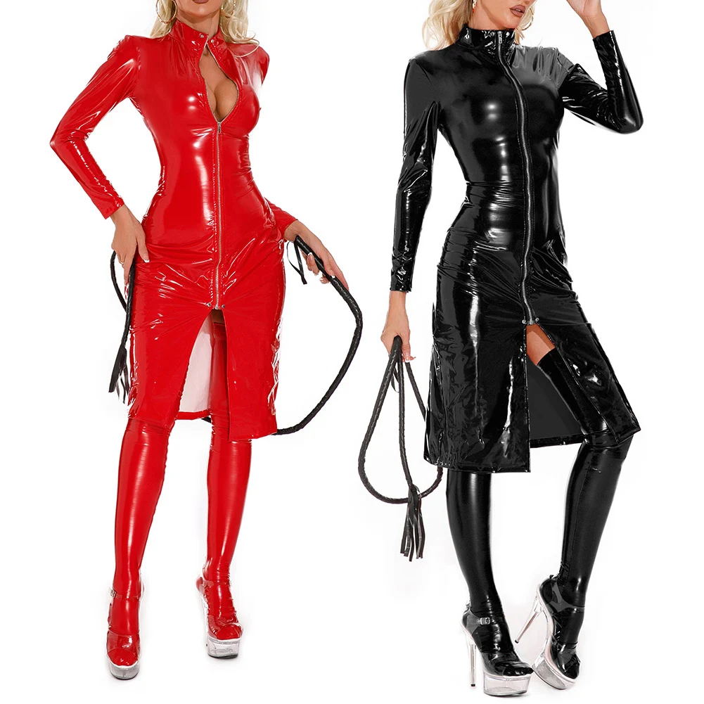 

Women Sexy Latex Tight Bodycon Dress Full Body Bodysuit PU Club Wear Artificial Leather Coat Nightclub Retro Spicy Girls