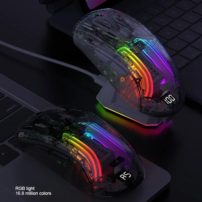 Attack Shark X2 Pro 투명 인체 공학적 디자인 자기 충전식 Bluetooth 마우스 배터리 레벨 표시기 게임용 마우스