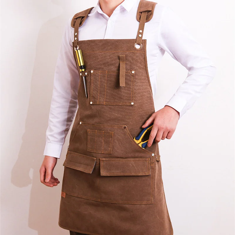 

Durable Unisex Canvas Work Apron Barber Baking Cafe Garden Carpentry Restaurant Adjustable Work Wear Apron with Tool Pockets